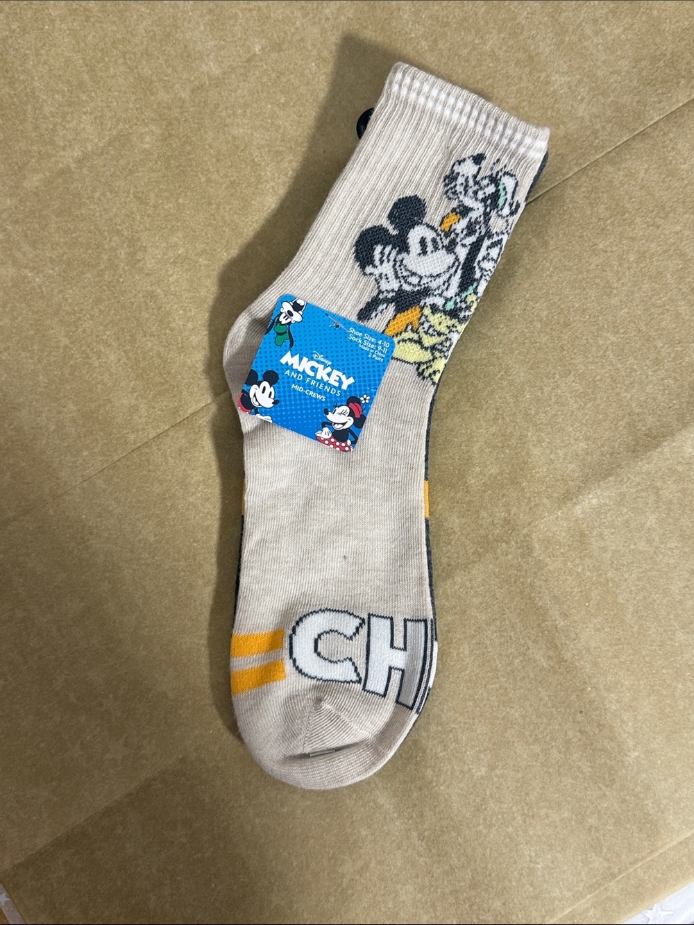 Disney Beige Crew Socks with Mickey & Friends Graphic and Yellow Accents